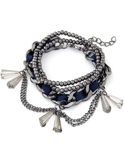 Multi-layer Cloth and Gun Black Alloy Mixed Weaving Style with Crystal Waterdrop Beads Bracelet - Royal Blue