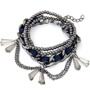 Multi-layer Cloth and Gun Black Alloy Mixed Weaving Style with Crystal Waterdrop Beads Bracelet - Royal Blue
