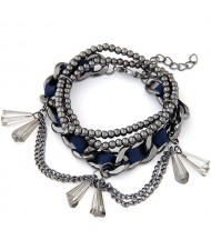 Multi-layer Cloth and Gun Black Alloy Mixed Weaving Style with Crystal Waterdrop Beads Bracelet - Royal Blue