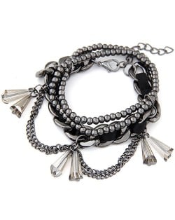 Multi-layer Cloth and Gun Black Alloy Mixed Weaving Style with Crystal Waterdrop Beads Bracelet - Black