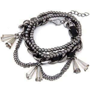 Multi-layer Cloth and Gun Black Alloy Mixed Weaving Style with Crystal Waterdrop Beads Bracelet - Black