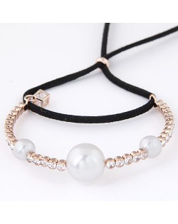 Pearls and Czech Rhinestone Embellished with Rope Bowknot Design Fashion Bracelet - Black