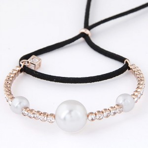 Pearls and Czech Rhinestone Embellished with Rope Bowknot Design Fashion Bracelet - Black