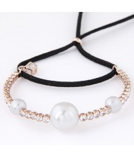 Pearls and Czech Rhinestone Embellished with Rope Bowknot Design Fashion Bracelet - Black