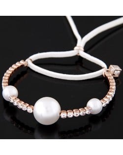 Pearls and Czech Rhinestone Embellished with Rope Bowknot Design Fashion Bracelet - White