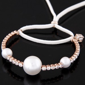 Pearls and Czech Rhinestone Embellished with Rope Bowknot Design Fashion Bracelet - White