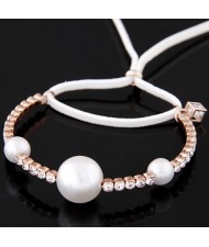 Pearls and Czech Rhinestone Embellished with Rope Bowknot Design Fashion Bracelet - White