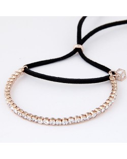 Korean Fashion Czech Rhinestone Inlaid with Hollow Cube Pendant and Rope Bowknot Golden Bracelet - Black