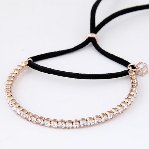 Korean Fashion Czech Rhinestone Inlaid with Hollow Cube Pendant and Rope Bowknot Golden Bracelet - Black