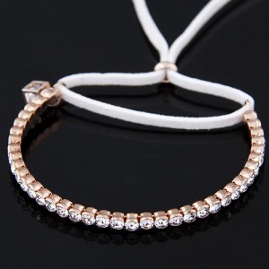 Korean Fashion Czech Rhinestone Inlaid with Hollow Cube Pendant and Rope Bowknot Golden Bracelet - White