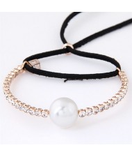 Single Big Pearl and Czech Rhinestone Embellished with Cube Pendant and Rope Bowknot Fashion Bracelet - Black