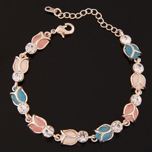 Czech Rhinestone and Opal Colorful Tulip Golden Fashion Bracelet