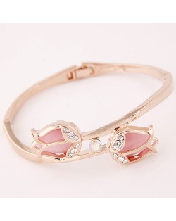 Elegant Twin Tulips Fashion Golden Bangle - Pink