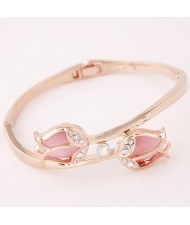 Elegant Twin Tulips Fashion Golden Bangle - Pink