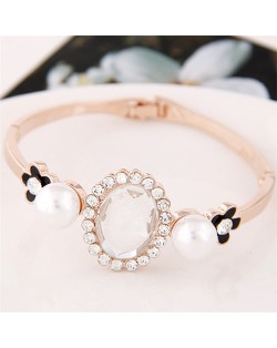 Rhinestone Inlaid Twin Pearls with Cute Flowers Design Golden Fashion Bangle - White