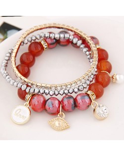 Assorted Elements Pendants Rhinestone Crystal and Ceramic Beads Multi-layer Fashion Bracelet - Red