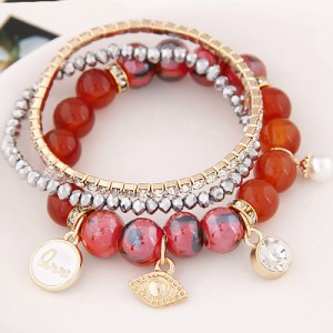 Assorted Elements Pendants Rhinestone Crystal and Ceramic Beads Multi-layer Fashion Bracelet - Red