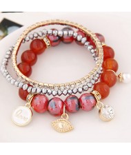 Assorted Elements Pendants Rhinestone Crystal and Ceramic Beads Multi-layer Fashion Bracelet - Red