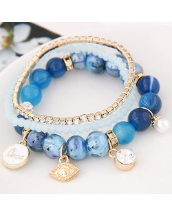 Assorted Elements Pendants Rhinestone Crystal and Ceramic Beads Multi-layer Fashion Bracelet - Blue
