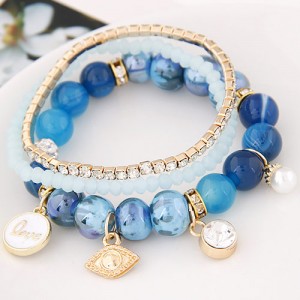 Assorted Elements Pendants Rhinestone Crystal and Ceramic Beads Multi-layer Fashion Bracelet - Blue