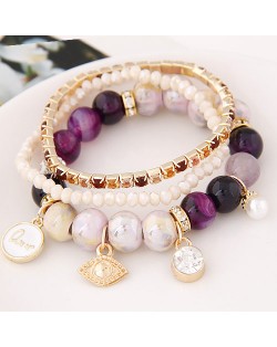 Assorted Elements Pendants Rhinestone Crystal and Ceramic Beads Multi-layer Fashion Bracelet - Purple