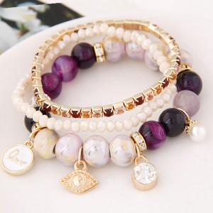 Assorted Elements Pendants Rhinestone Crystal and Ceramic Beads Multi-layer Fashion Bracelet - Purple