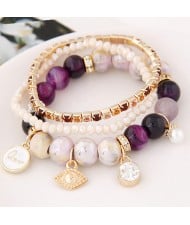 Assorted Elements Pendants Rhinestone Crystal and Ceramic Beads Multi-layer Fashion Bracelet - Purple