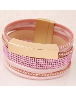 Beads and Studs Embellished Magnetic Lock Leather Fashion Bangle - Pink