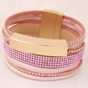 Beads and Studs Embellished Magnetic Lock Leather Fashion Bangle - Pink