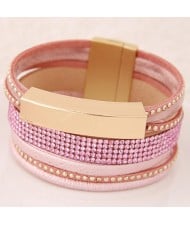 Beads and Studs Embellished Magnetic Lock Leather Fashion Bangle - Pink