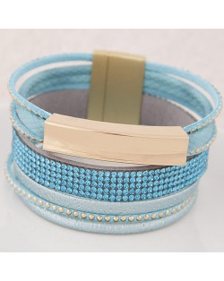 Beads and Studs Embellished Magnetic Lock Leather Fashion Bangle - Blue