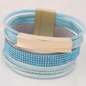 Beads and Studs Embellished Magnetic Lock Leather Fashion Bangle - Blue