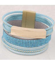 Beads and Studs Embellished Magnetic Lock Leather Fashion Bangle - Blue