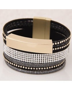 Beads and Studs Embellished Magnetic Lock Leather Fashion Bangle - Black