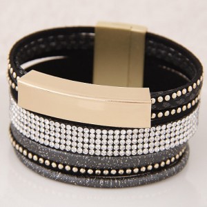 Beads and Studs Embellished Magnetic Lock Leather Fashion Bangle - Black