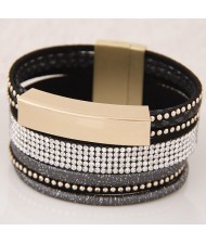 Beads and Studs Embellished Magnetic Lock Leather Fashion Bangle - Black