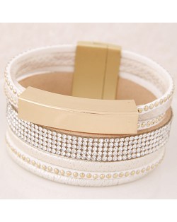 Beads and Studs Embellished Magnetic Lock Leather Fashion Bangle - White