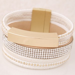 Beads and Studs Embellished Magnetic Lock Leather Fashion Bangle - White