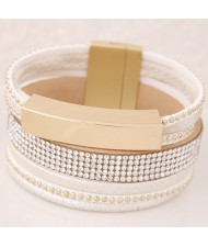 Beads and Studs Embellished Magnetic Lock Leather Fashion Bangle - White