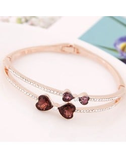 Czech Rhinestone Dual Bowknots Golden Fashion Bangle - Brown