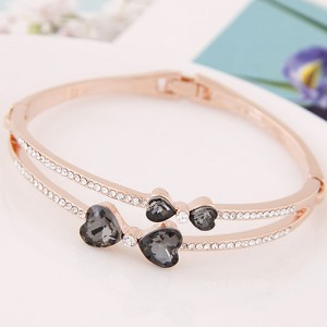 Czech Rhinestone Dual Bowknots Golden Fashion Bangle - Gray