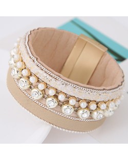 Rhinestone and Pearl Decorated Magnetic Lock Wide Fashion Leather Bangle - Khaki