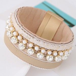 Rhinestone and Pearl Decorated Magnetic Lock Wide Fashion Leather Bangle - Khaki
