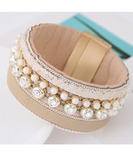 Rhinestone and Pearl Decorated Magnetic Lock Wide Fashion Leather Bangle - Khaki