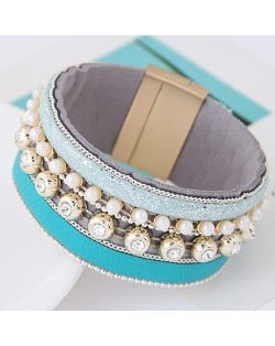 Rhinestone and Pearl Decorated Magnetic Lock Wide Fashion Leather Bangle - Blue