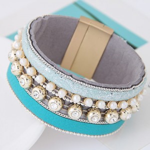 Rhinestone and Pearl Decorated Magnetic Lock Wide Fashion Leather Bangle - Blue
