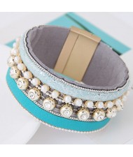 Rhinestone and Pearl Decorated Magnetic Lock Wide Fashion Leather Bangle - Blue