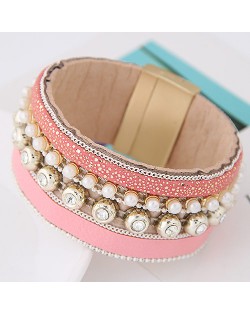 Rhinestone and Pearl Decorated Magnetic Lock Wide Fashion Leather Bangle - Pink