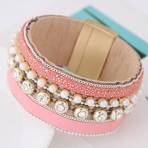 Rhinestone and Pearl Decorated Magnetic Lock Wide Fashion Leather Bangle - Pink