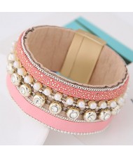 Rhinestone and Pearl Decorated Magnetic Lock Wide Fashion Leather Bangle - Pink